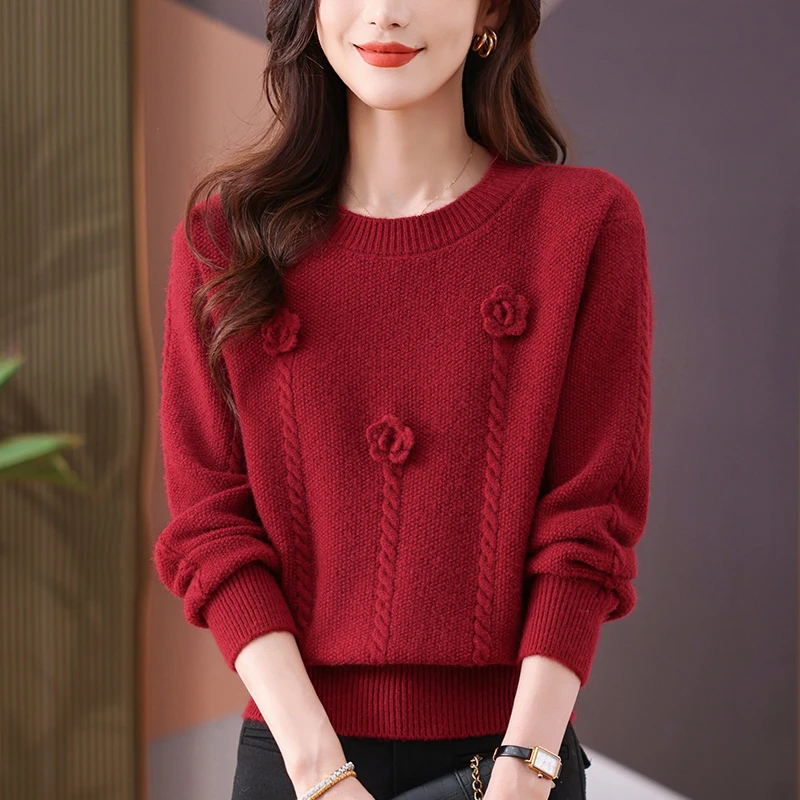 秋冬洋气时尚大码红色毛衣女宽松显瘦遮肉百搭短款圆领针织打底衫
