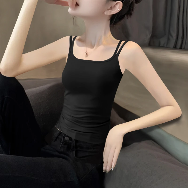 2025新款夏季黑色双肩带紧身背心吊带女打底内搭高级感美背上衣潮
