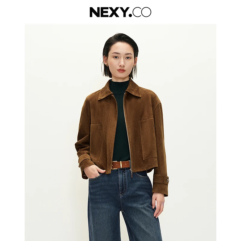 NEXY.CO/奈蔻时尚休闲百搭简约翻领长袖皮外套XP00242D5