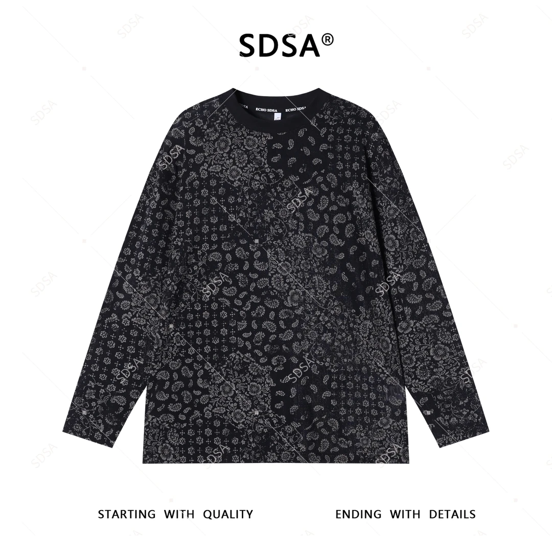 SDSA秋季新款男士痞帅简约撞色花卉设计长袖T恤气质百搭圆领上衣