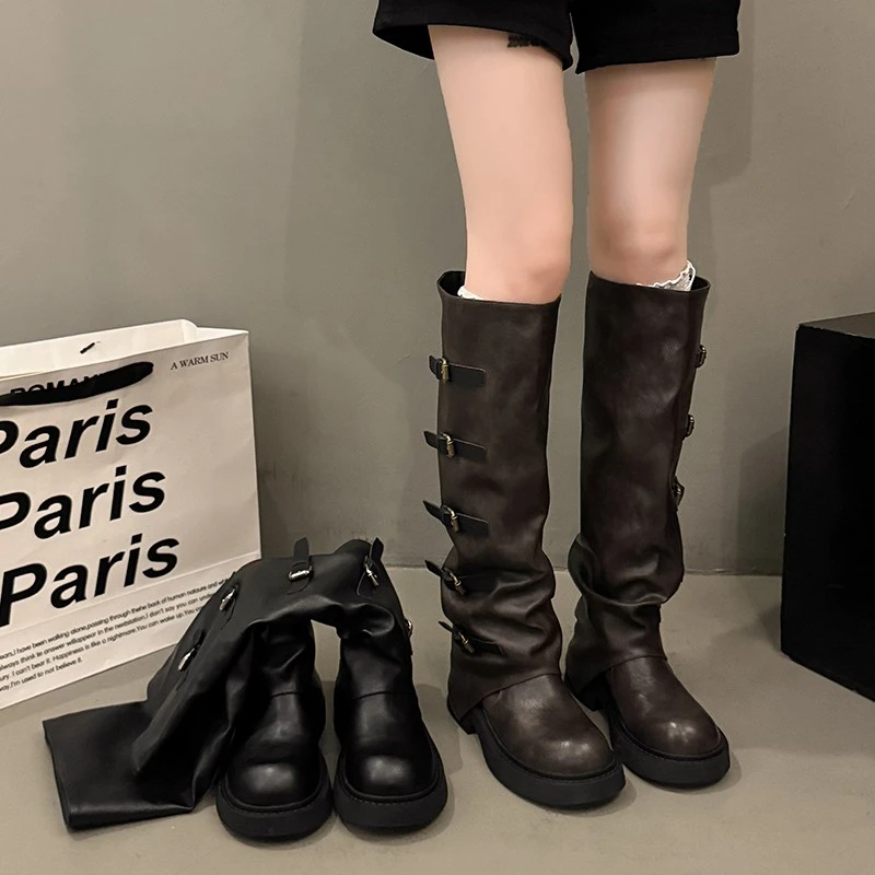 复古小众长筒靴女秋季新款厚底黑色骑士靴美拉西部牛仔靴