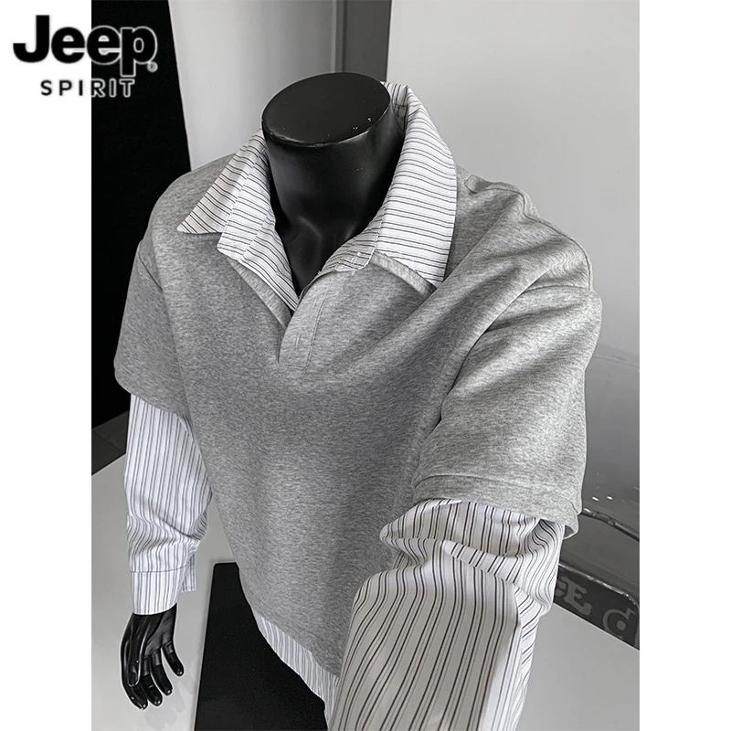 浅灰色假两件拼接Polo衫卫衣男士休闲帅气穿搭高级感条纹长袖t恤