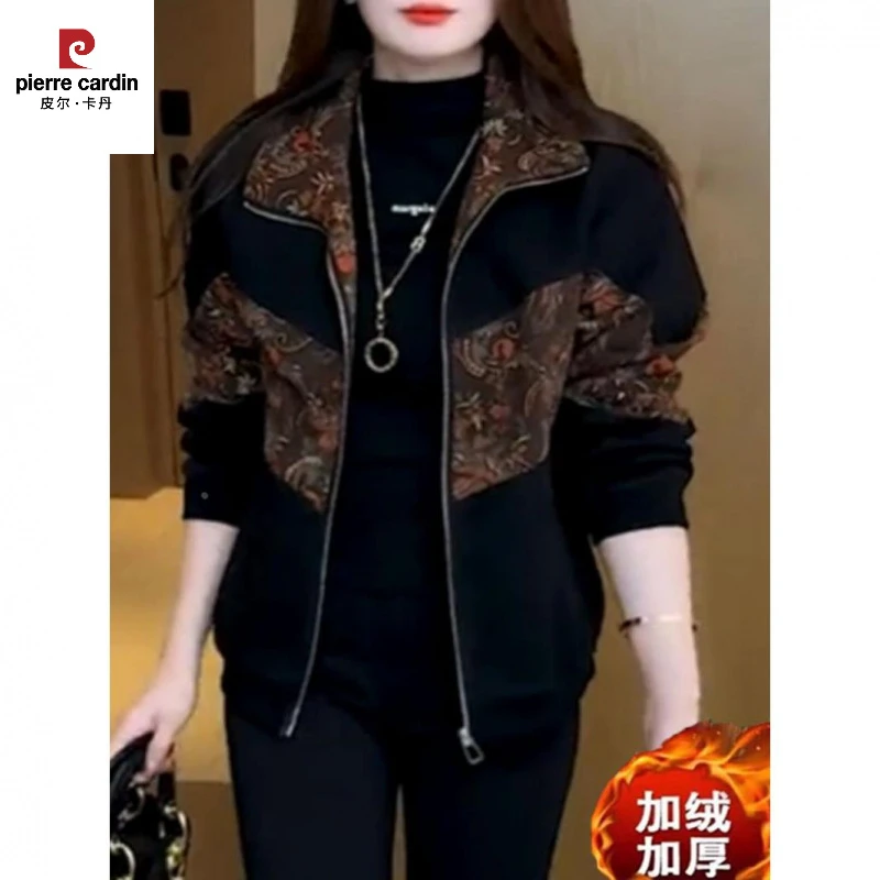 皮尔卡丹秋冬休闲妈妈装短外套时尚加绒新款大码宽松女士洋气百搭
