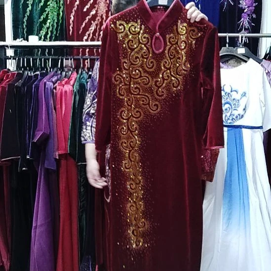 酒红色金丝绒重工长款旗袍4x6码大140-160斤