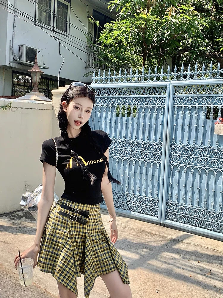 显瘦印花短袖少女正肩夏季美式短款衣服辣妹紧身上衣#8811修身