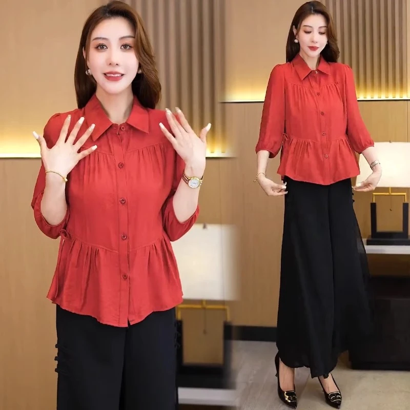时尚七分袖衬衫女2025夏季新款洋气减龄百搭翻领上衣宽松显瘦衬衣