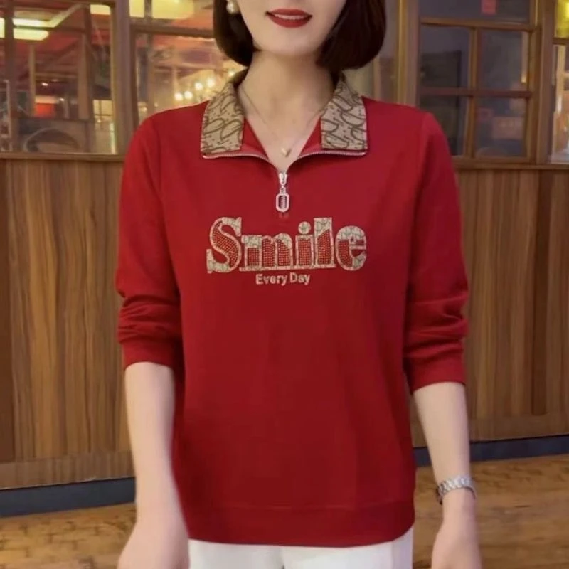 （店铺热销）高档女时尚拉链领卫衣妈妈装百搭宽松显瘦休闲打底小衫