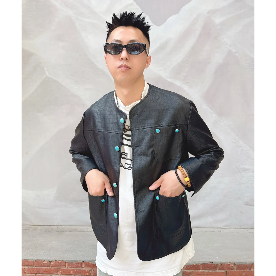 2025秋季新款PU皮夹克短款高定轻奢风潮流鳄鱼纹植物蛋白皮无领男