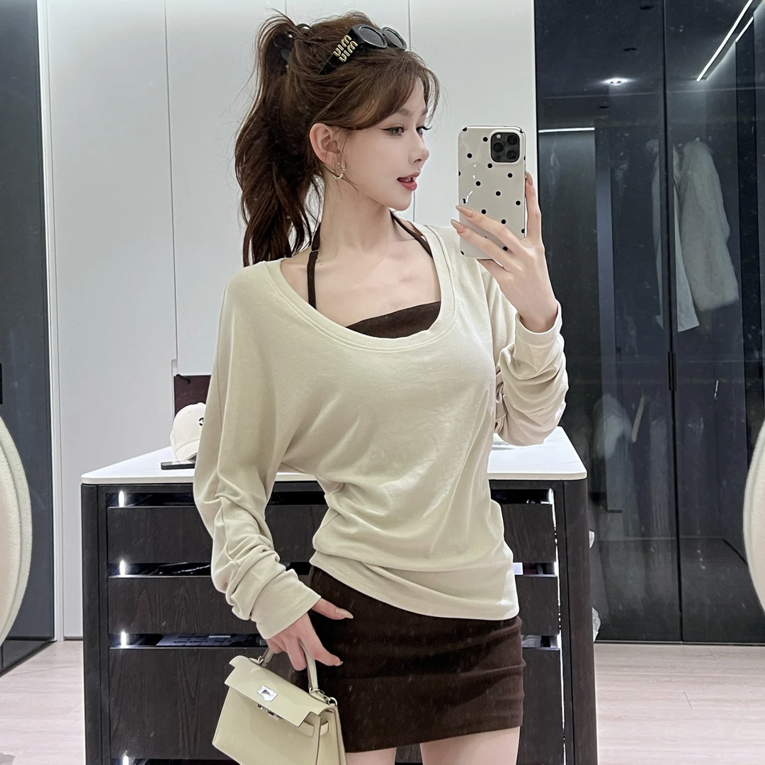 【姐系松弛】松弛感圆领罩衫叠穿修身显瘦挂脖吊带➕长袖 T恤两件套