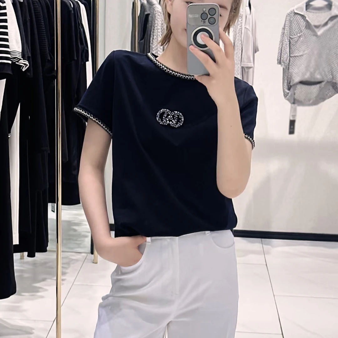 【商场同款】2025夏季新款圆领编织钉珠小香风短袖t恤女上衣530054