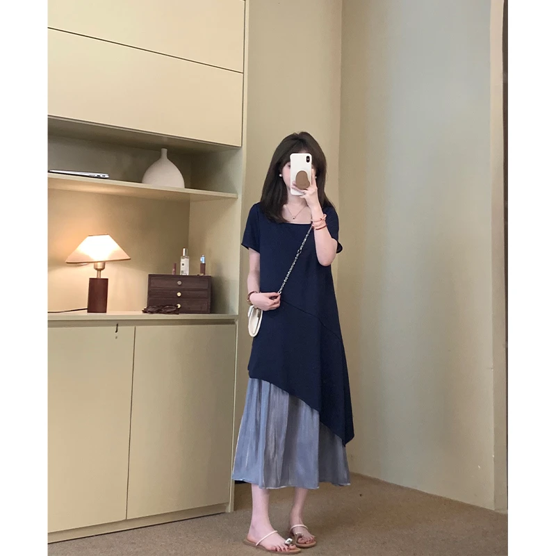 FUGUI RICH小个子短袖拼接连衣裙女夏季新款法式中长裙26251L1363