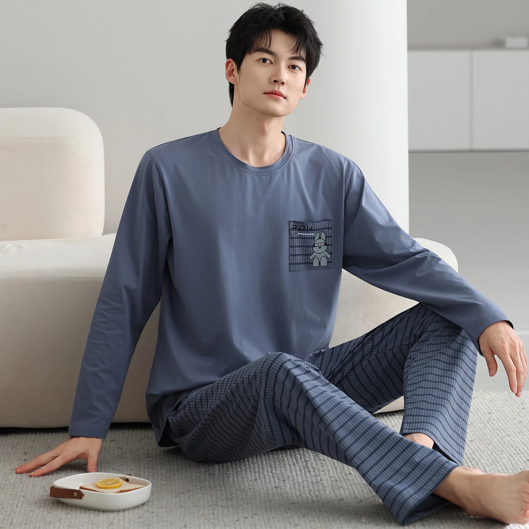 【高档爽棉】睡衣男纯棉套装春秋套头长袖长裤男士家居服中年男生