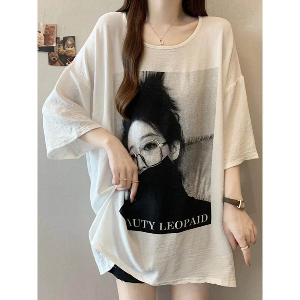 宽松大版中长款印花冰丝短袖T恤女夏季大码胖mm显瘦遮肉欧货上衣