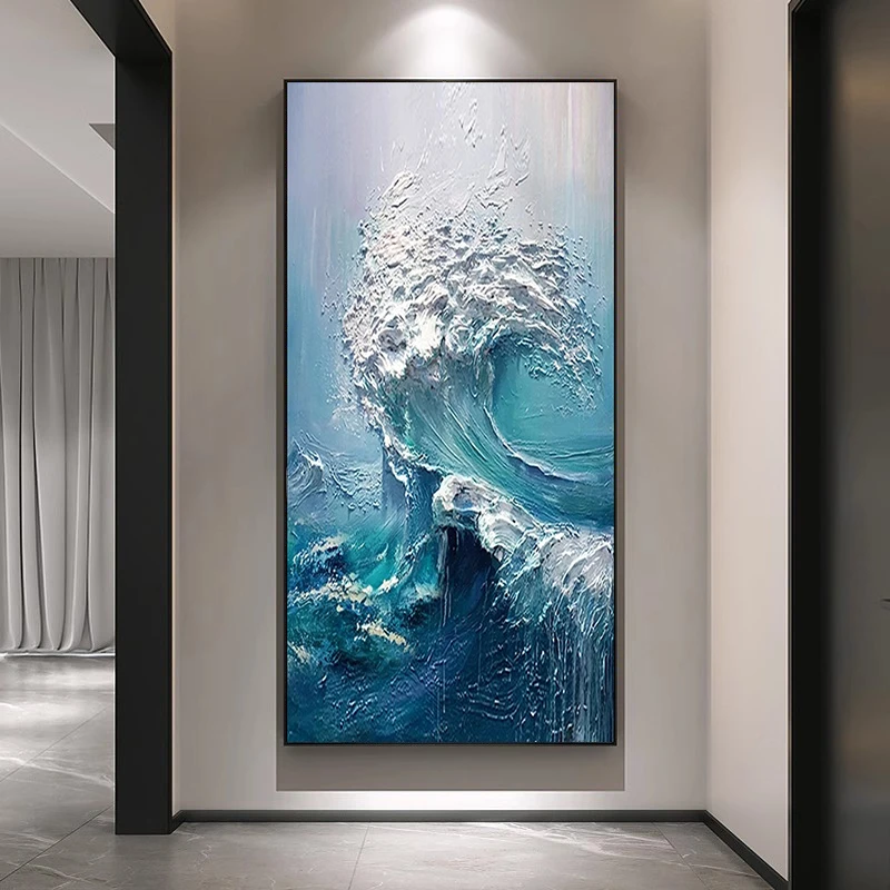 手绘油画《风生水起》竖版玄关挂画肌理壁画入户客厅背景墙装饰画