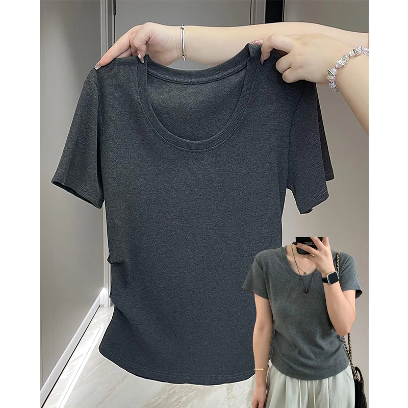 大码气质时尚纯色正肩u领捏褶掐腰短袖T恤女洋气百搭遮肉ins上衣