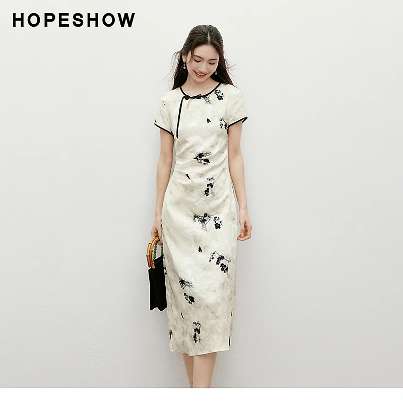 红袖2025夏季新款女装【墨影生花】收腰圆领印花裙90124251606