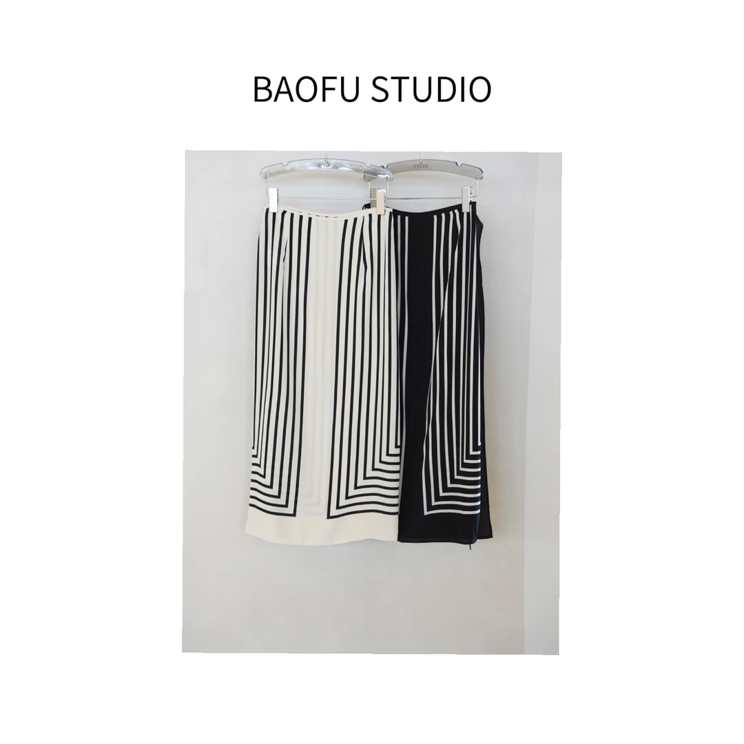 BAOFU studio｜简洁经典线条一片式系带桑蚕丝半裙春夏条纹半身裙