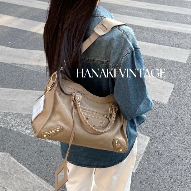 95新 Balenciaga/巴黎世家 花绮中古/灰金山羊皮中号city机车包