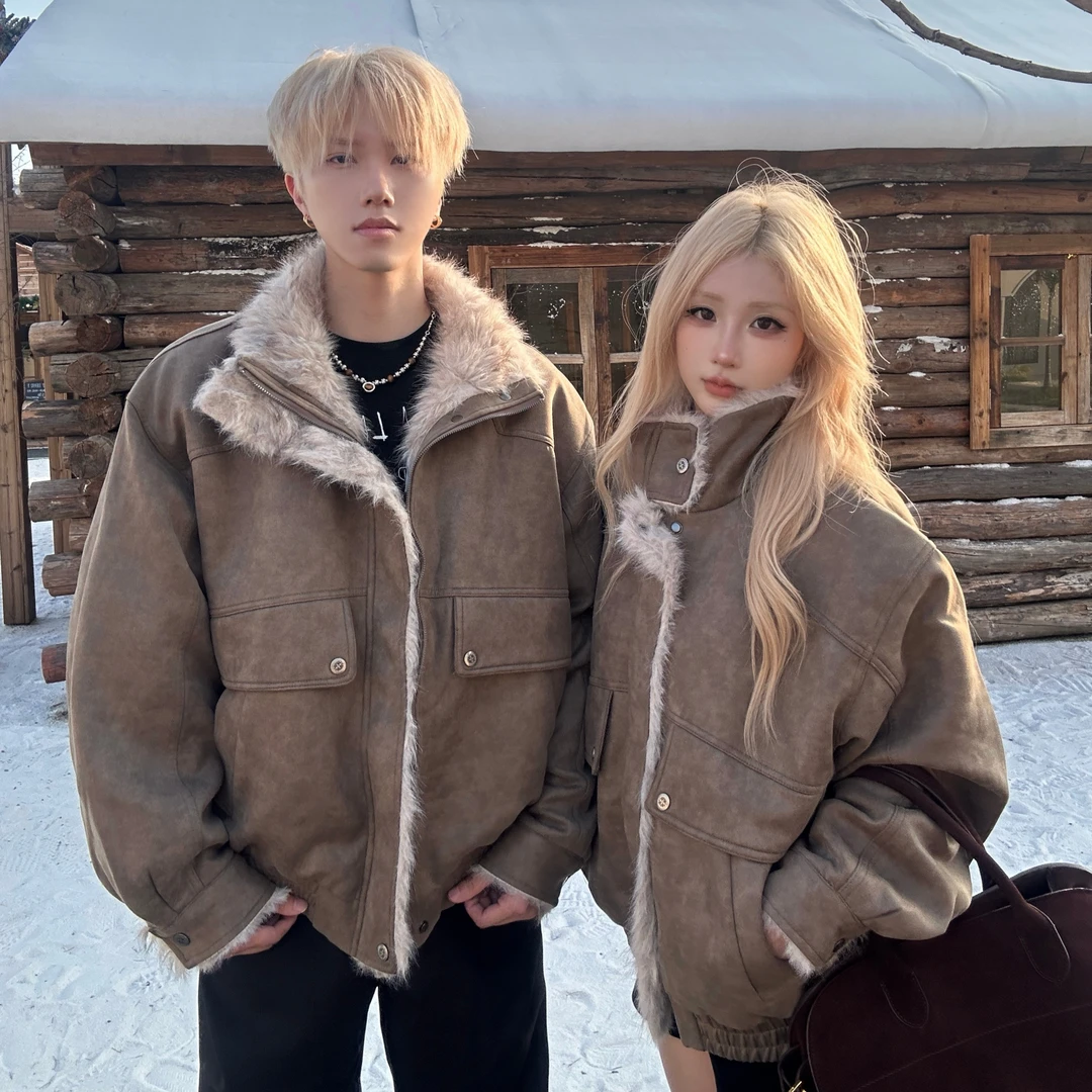 座山雕毛领加厚棉衣男女情侣装冬季仿麂皮绒机车保暖棉服皮衣外套