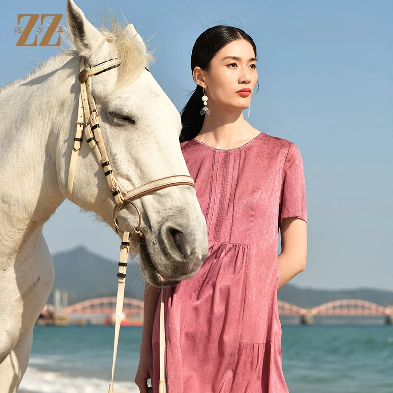 佐尔美夏季新款 时尚休闲桑蚕丝真丝圆领短袖连衣裙女E32LS62