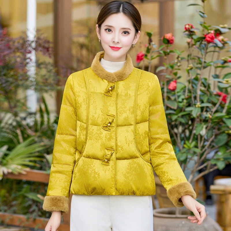 中国风提花羽绒服毛毛领袖口拼接新中式盘扣鸭绒服轻奢妈妈装
