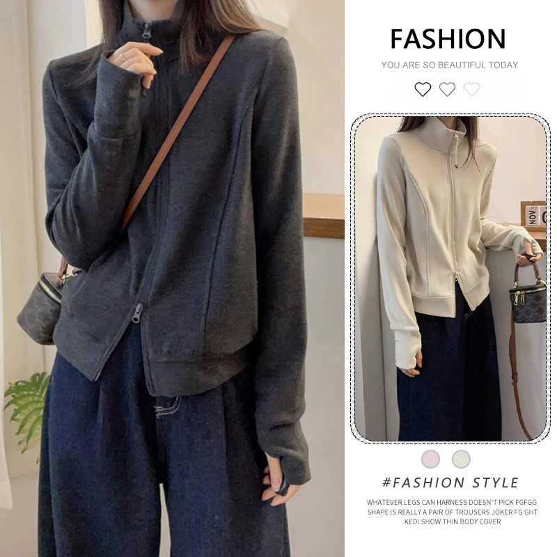 韩版设计感双拉链立领卫衣外套女初秋新款小个子气质超好看的上衣