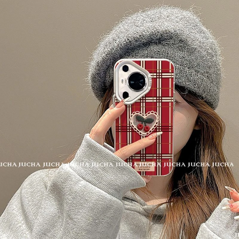 格子樱桃爱心适用苹果16pro手机壳新年防摔VIVOx200高端华为OPPO