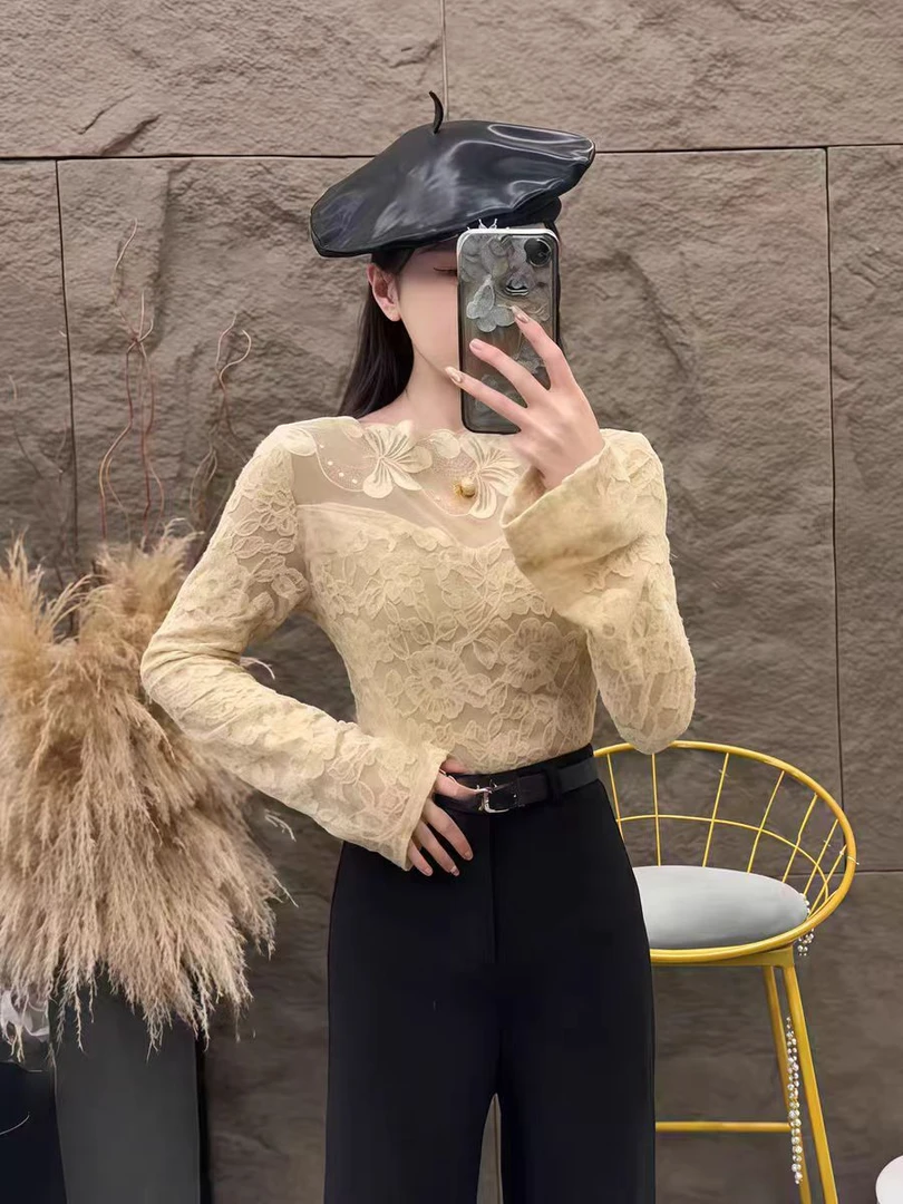 冬季新款加绒V领蕾丝打底衫女修身显瘦百搭洋气长袖保暖内搭上衣