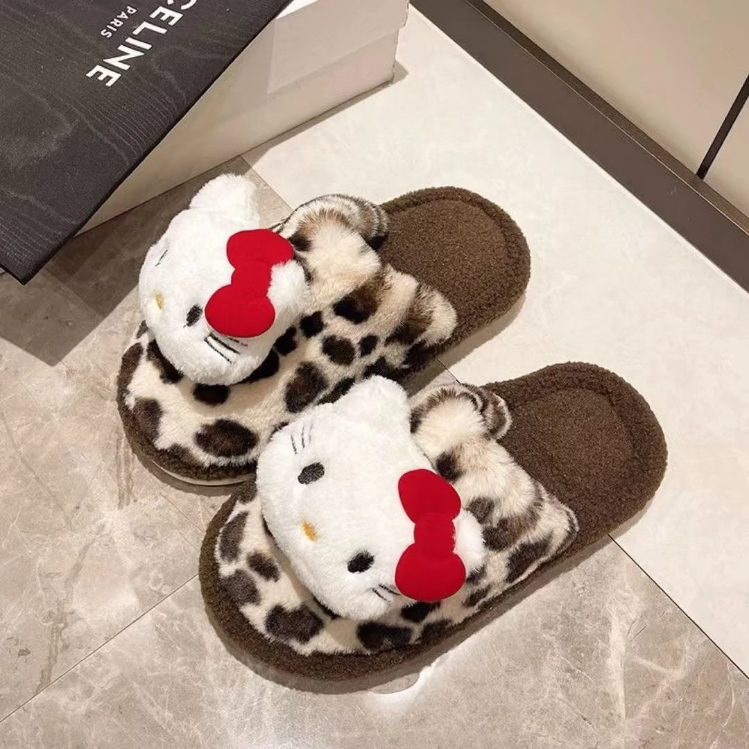 2025新款哈喽kt拖鞋豹纹室内加绒加厚冬季防滑保暖软底棉拖可爱