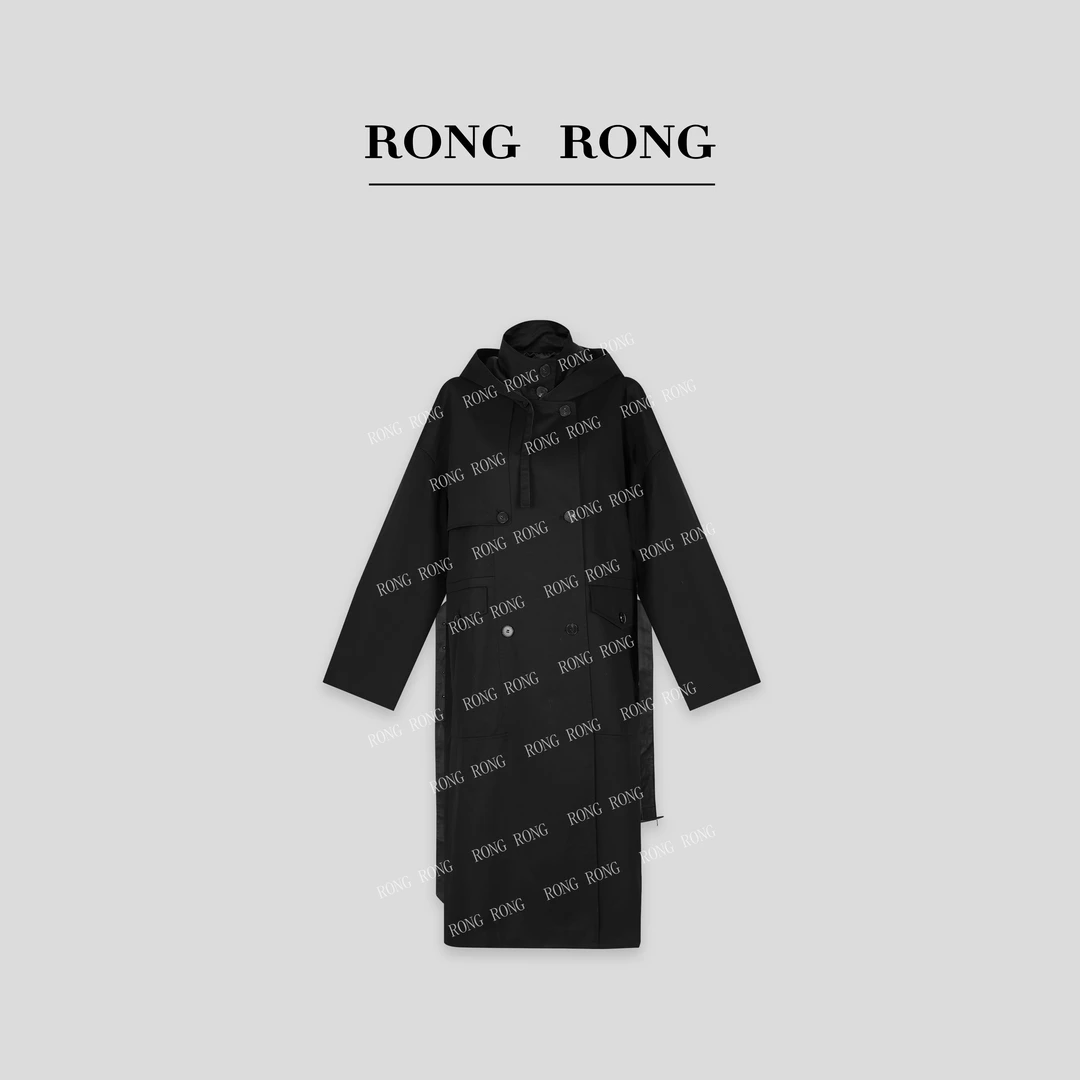 溶溶【裁剪艺术】RONGRONG 100棉极简风拼皮抽绳时尚连帽风衣24X902