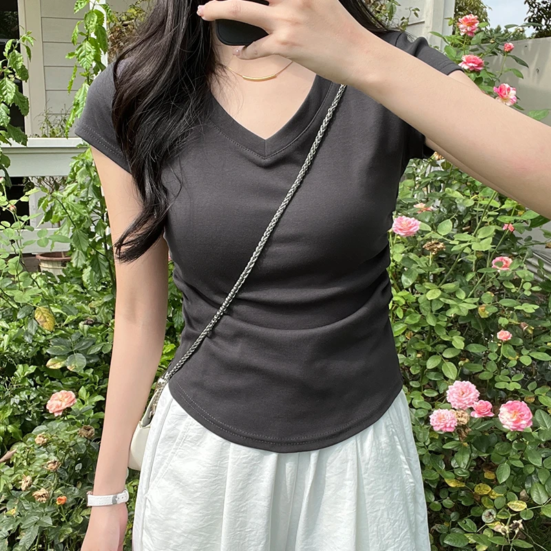 以顿正肩短袖女辣妹风春季显瘦穿搭微胖小个子不规则短款百搭T恤