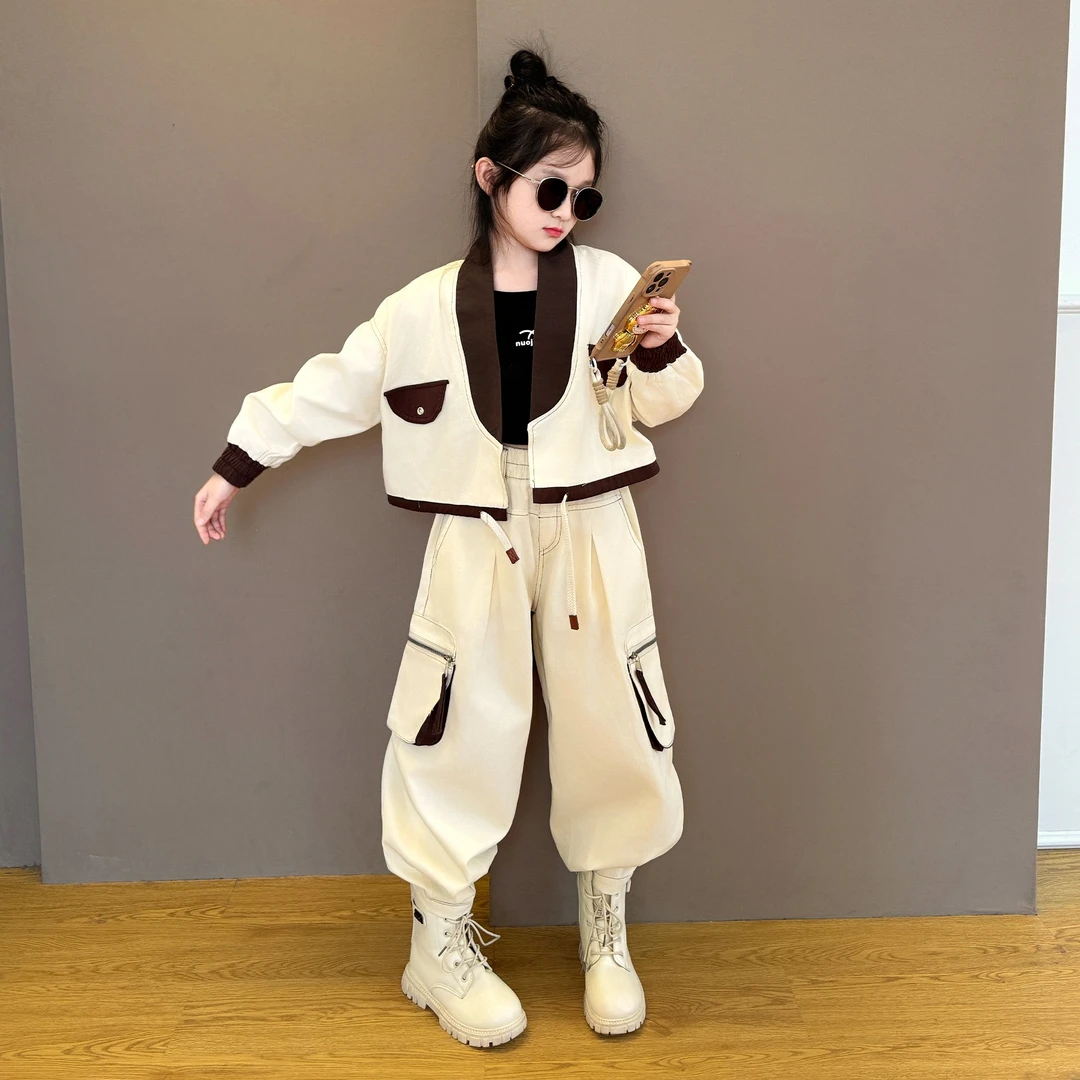 女童2025新款春秋季欧美风设计感撞色琥珀流光工装外套时尚套装潮