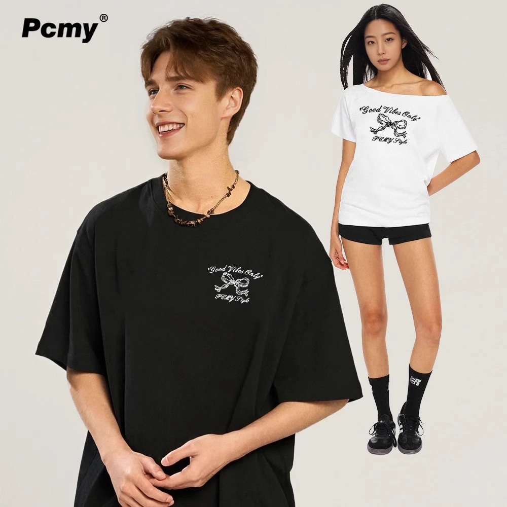 PCMY蝴蝶结字母潮斜肩T恤女2025夏季新款情侣装纯棉休闲半袖上衣