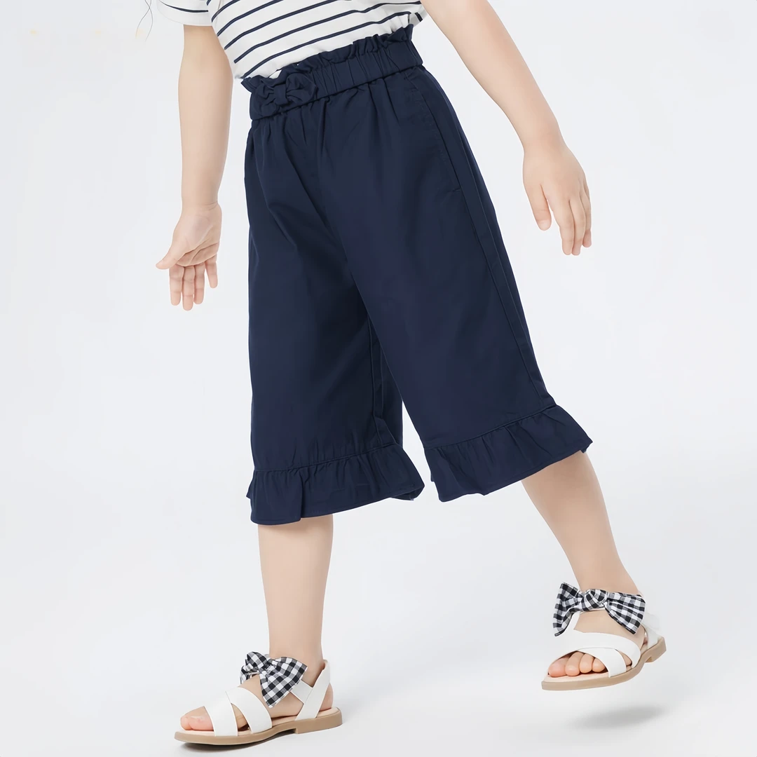 90-100码巴家童装女童夏季莫代尔棉宽松休闲直筒花边喇叭裤七分裤