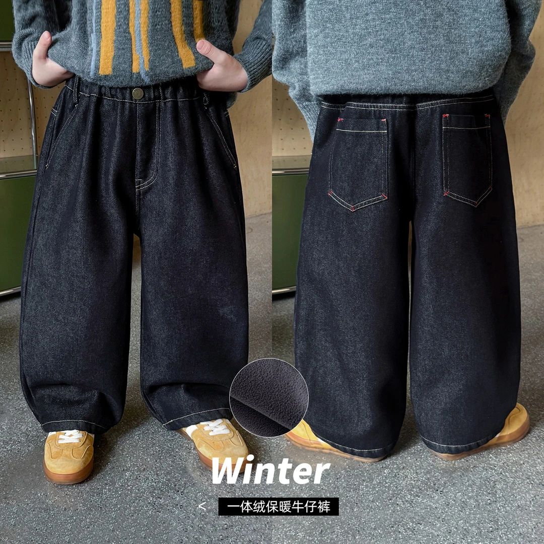 棉小班童装冬季韩版后袋红色刺绣宝宝一体绒加厚儿童牛仔裤AD5024