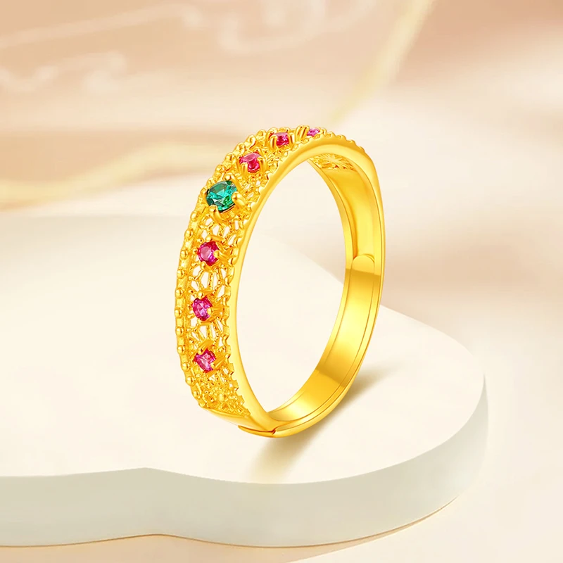 梦金园黄金戒指七夕送老婆礼物女足金镂空镶嵌指环活口可调节戒指送女友生日礼物
