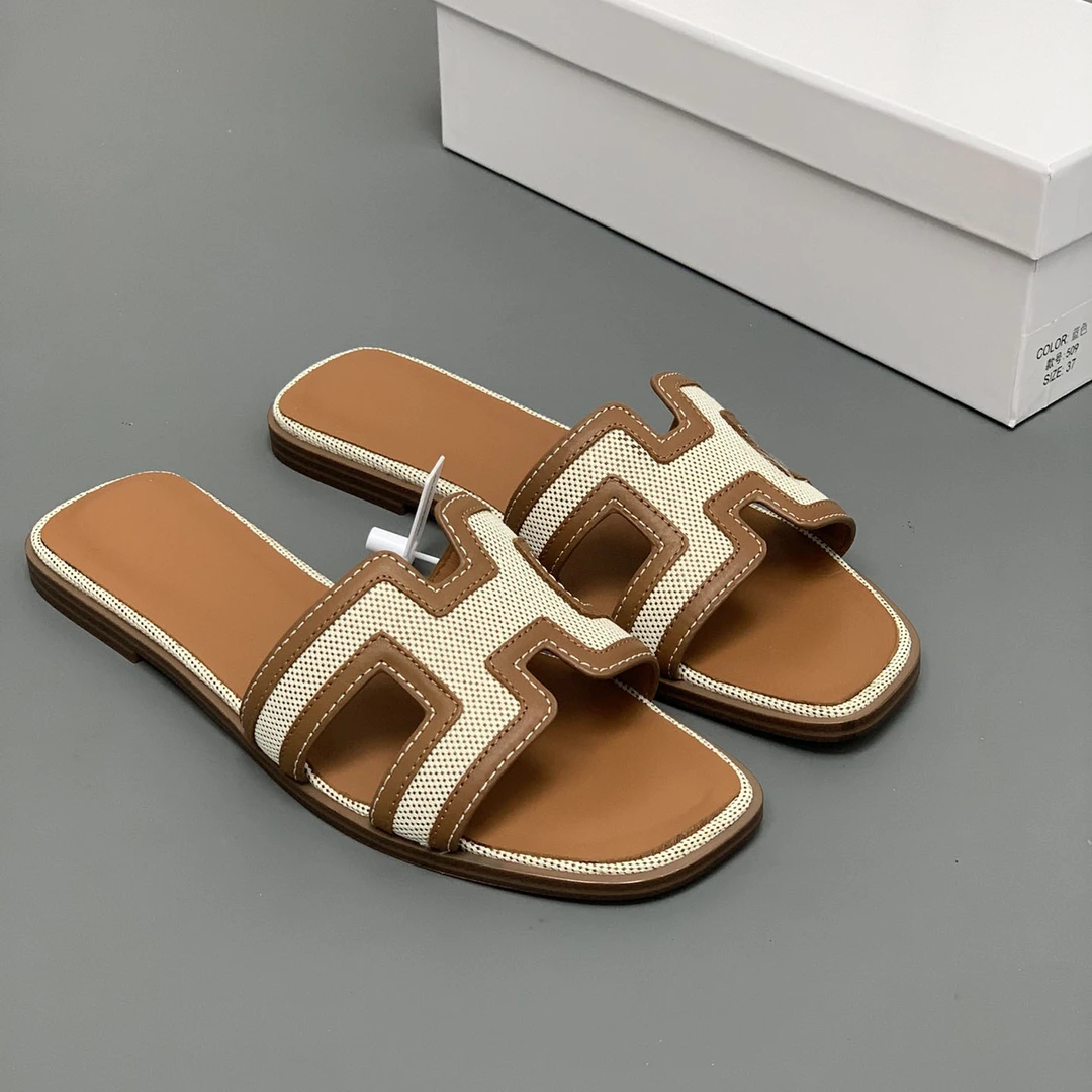 外贸牛皮平底H拖女外穿夏季真皮时尚软底一字拖2025新款顶板舒适