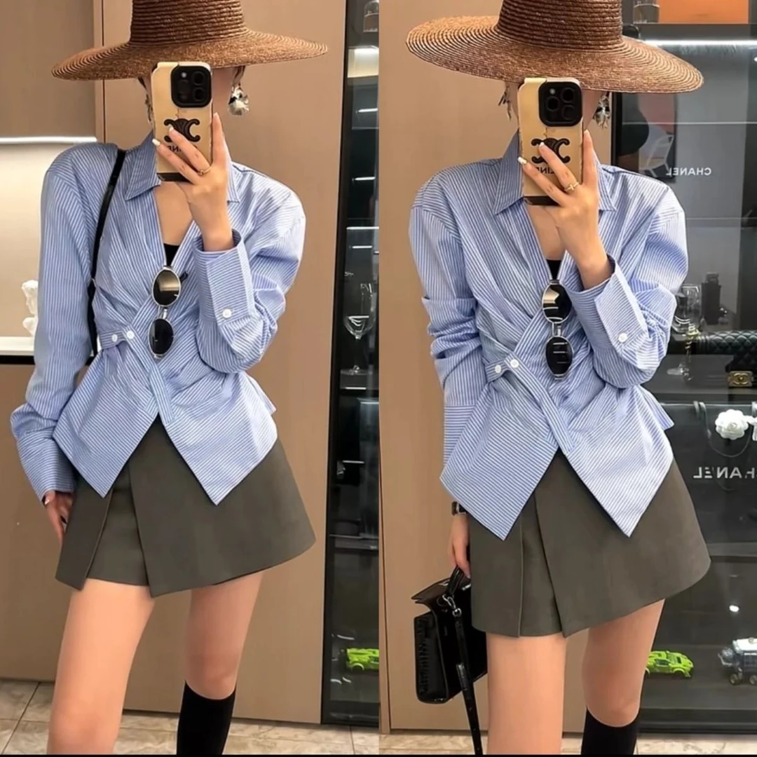 2025春夏衬衫女翻领长袖条纹遮肚显瘦上衣新款衬衣气质条纹时尚衣