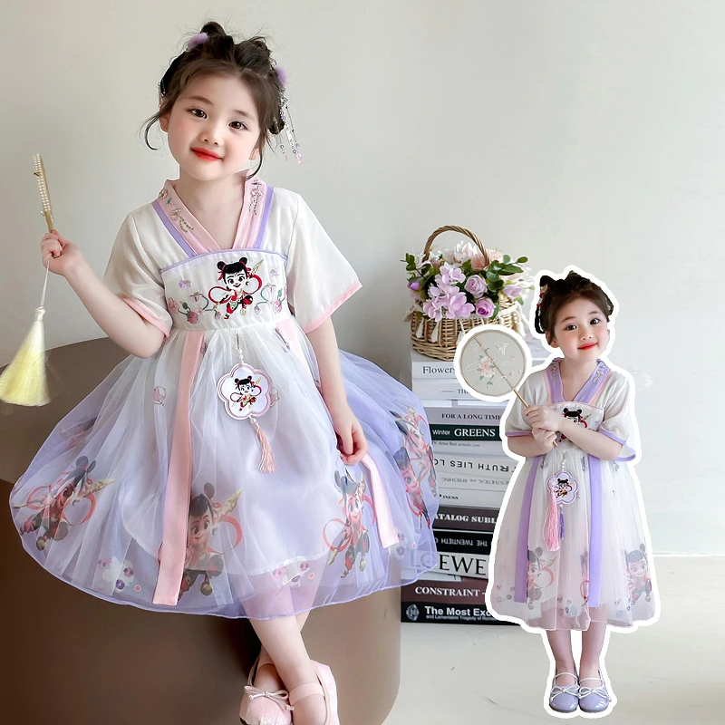 女童刺绣哪吒汉服裙儿童女宝洋气新中式网纱连衣裙新款夏季公主裙