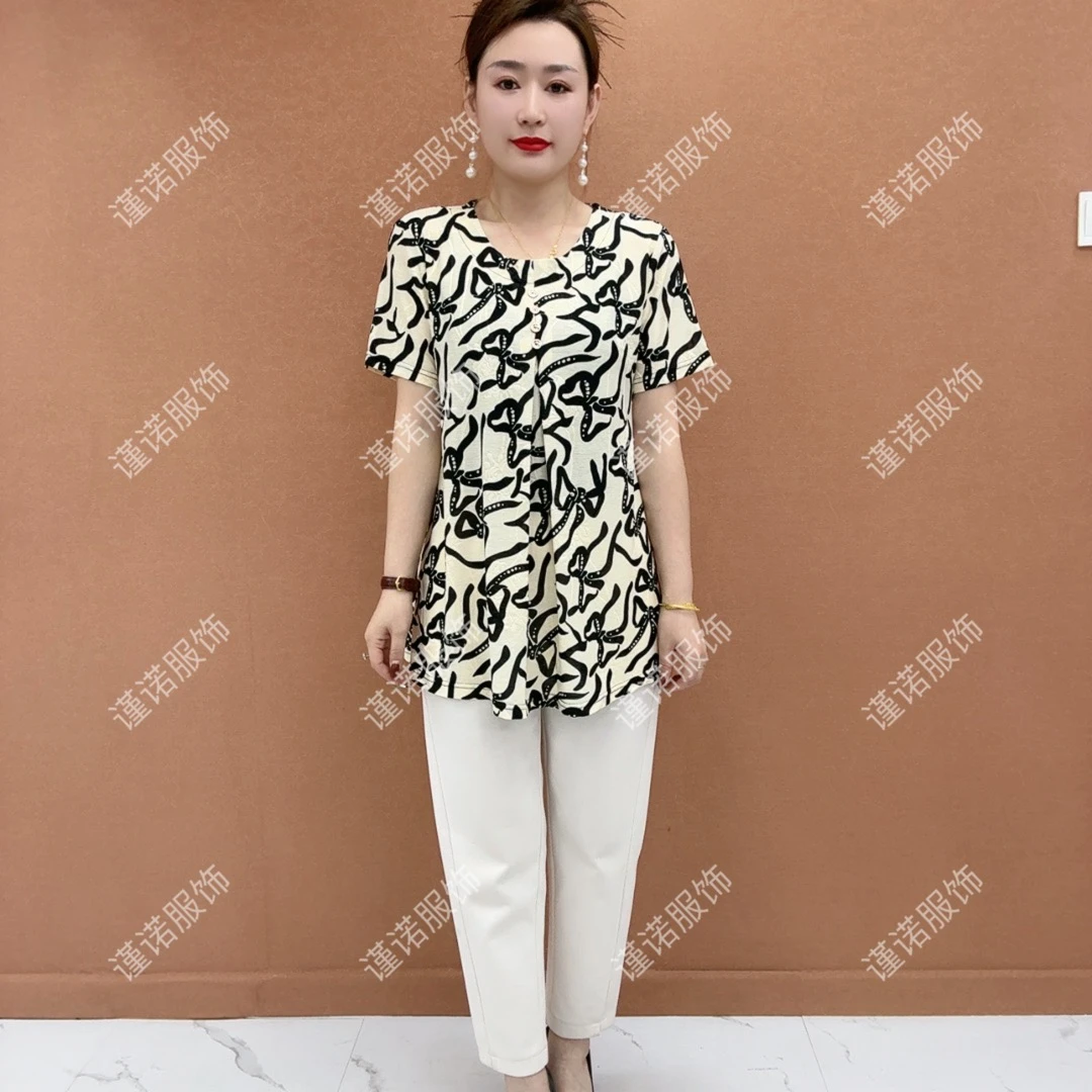 2025新款时尚中老年装圆领气质百搭圆领纯色短袖 中长款大版衫