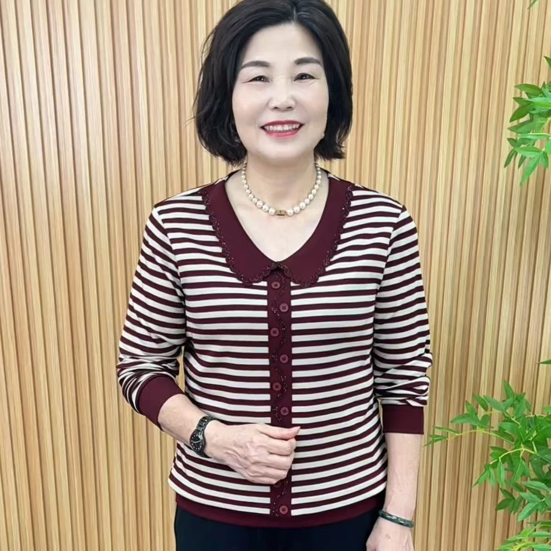 常规翻领娃娃领条纹中老年女装针织衫欧美风lulu风V6100
