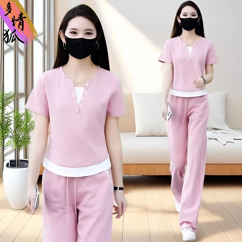 休闲运动套装女2025夏季新款洋气显瘦假两件短袖直筒裤减龄两件套