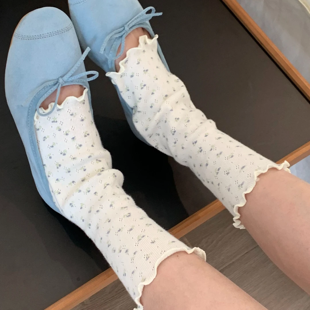 春夏季薄款波点袜ins简约甜美木耳花边堆堆袜少女百搭中筒袜