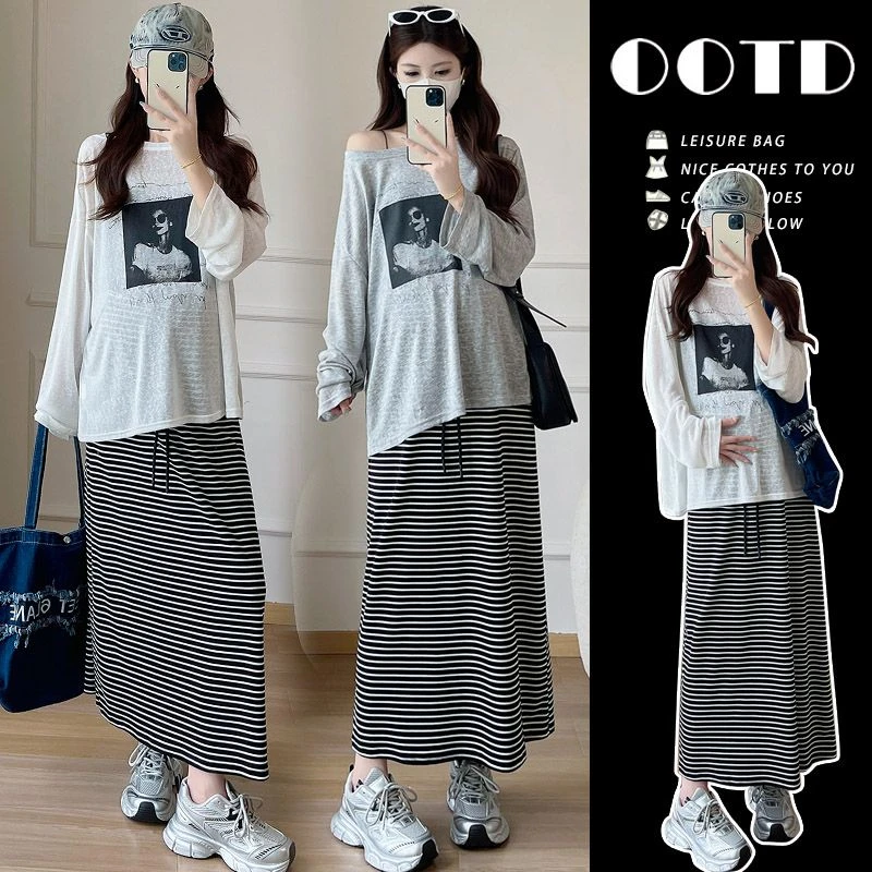 【枫丽】2025夏季新款孕妇气质减龄防晒长袖T恤上衣条纹半身裙套装