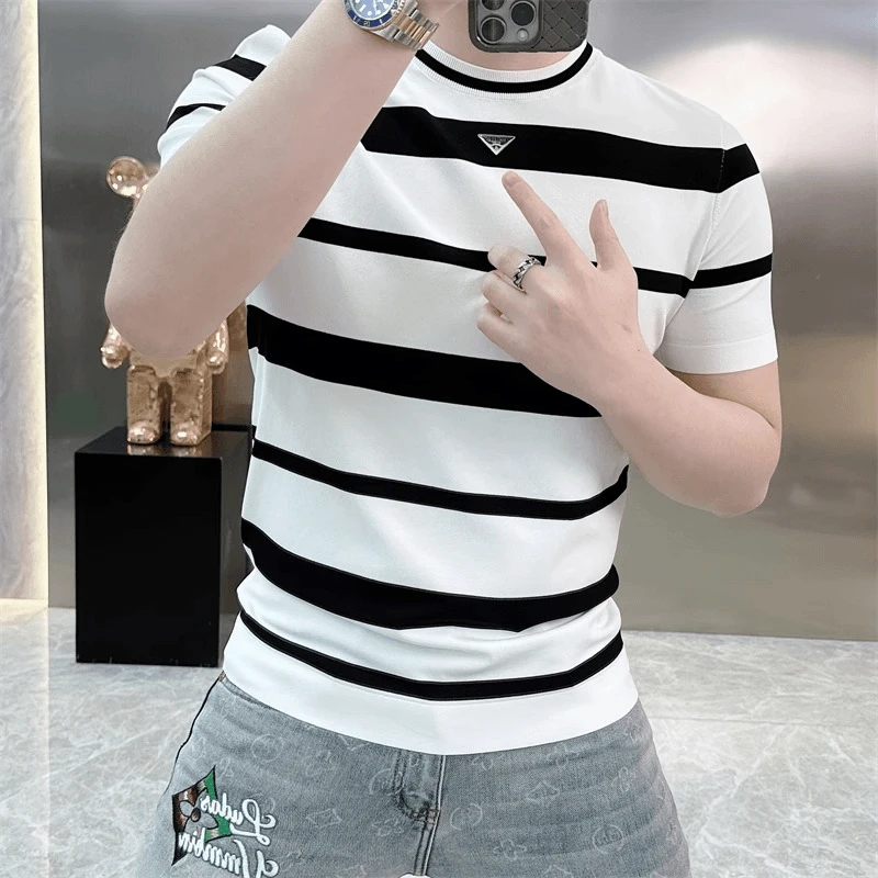 2025欧货轻奢男士针织冰丝短袖T恤印花潮流百搭夏季条纹半袖上衣