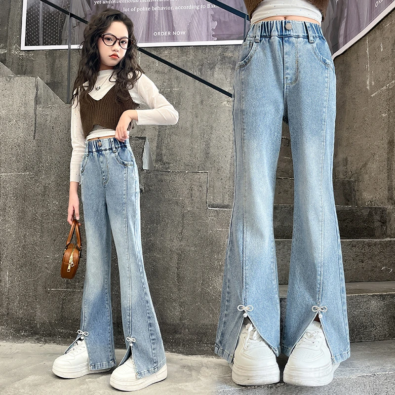 女童牛仔裤春秋季新款洋气儿童弹力显瘦喇叭裤中大童外穿高腰裤子