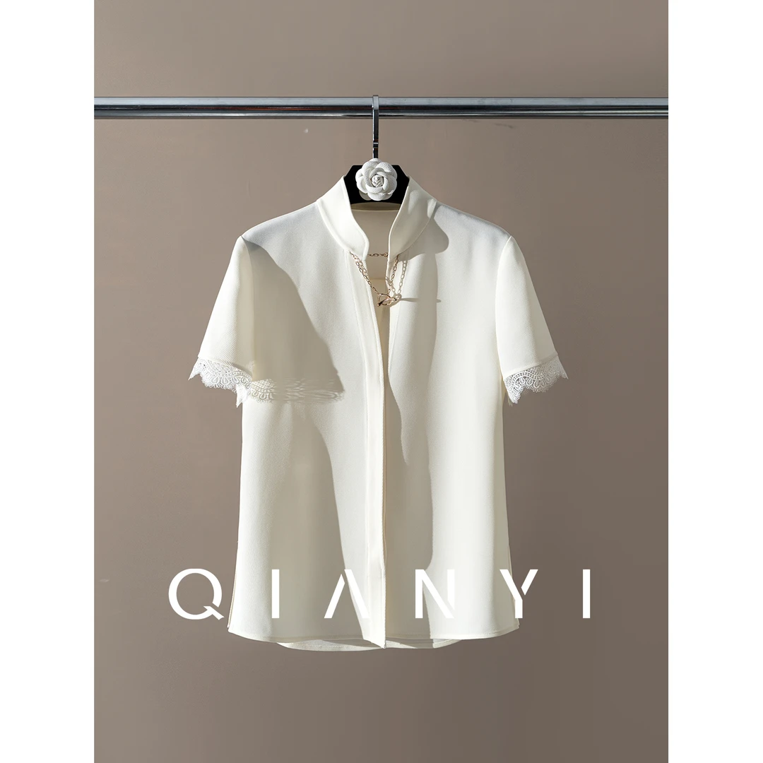 纤屹2025春夏新款气质百搭小立领蕾丝花边静奢风遮肉显瘦衬衫女款