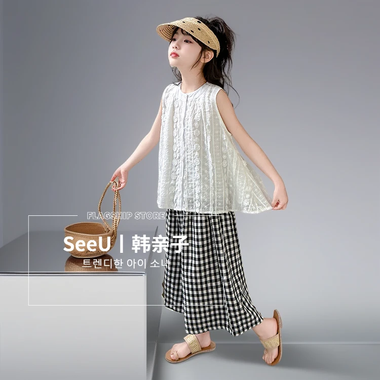 爆款百搭休闲度假时髦格子洋气韩夏季夏款女童儿童套装两件套通勤