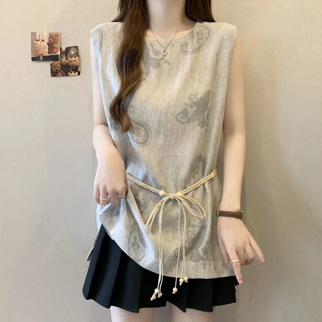 2025夏季新款薄款扎染无袖衬衫大码胖mm显瘦遮肚背心上衣女配腰带