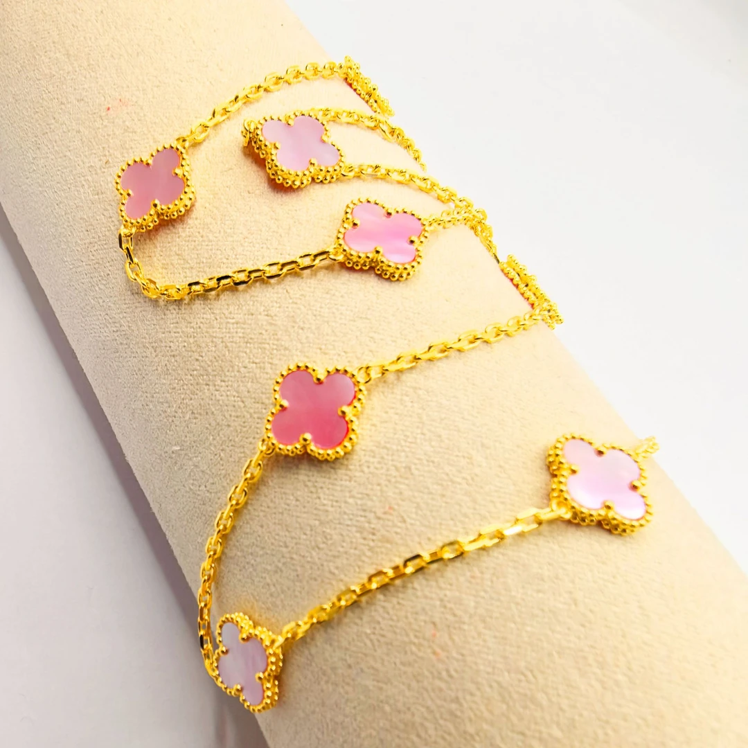 《云聚川珠宝》足金999 真5G 粉色四叶草镶嵌粉贝十花套链 精选大方